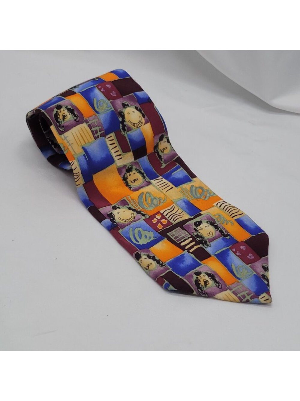Vtg Gildas Club Colorful Silk Necktie Abstract Faces Patchwork USA Novelty